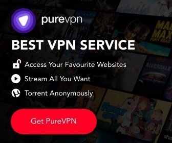PureVPN banner ad against a background of movie and TV show covers. The text reads: "purevpn BEST VPN SERVICE. Access Your Favorite Websites. Stream All You Want. Torrent Anonymously." Below is a large red call-to-action button: "Get PureVPN".