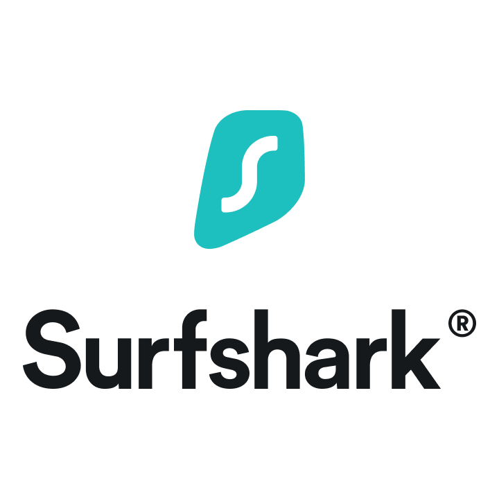 The vertical Surfshark logo featuring a turquoise shield-like icon with a white 'S' shape inside, positioned above the dark gray word "Surfshark®".