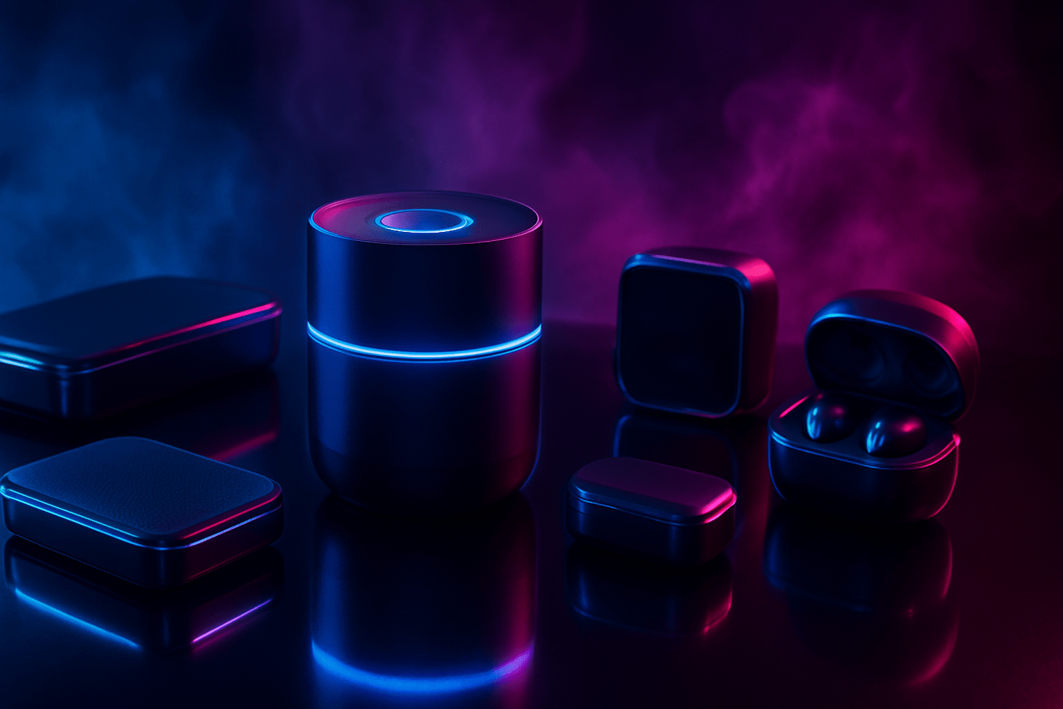“Futuristic cyberpunk tech gadgets displayed on a glossy black surface with neon blue and magenta lighting, showcasing innovative electronics and modern devices in a cinematic hero banner for a tech blog.”