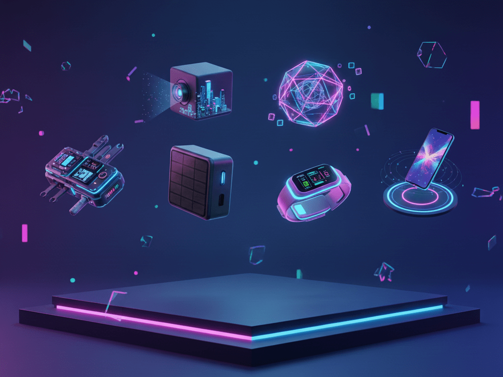An illustration of several glowing, futuristic digital devices floating in a dark, neon-pink and blue environment. The devices include a cubic projector showing a cityscape, a portable speaker, a modular electronic device, a smartwatch, a floating polygon/data sphere, and a smartphone wirelessly charging on a glowing circular pad. All items are staged above a square platform lit by blue and pink neon strips.